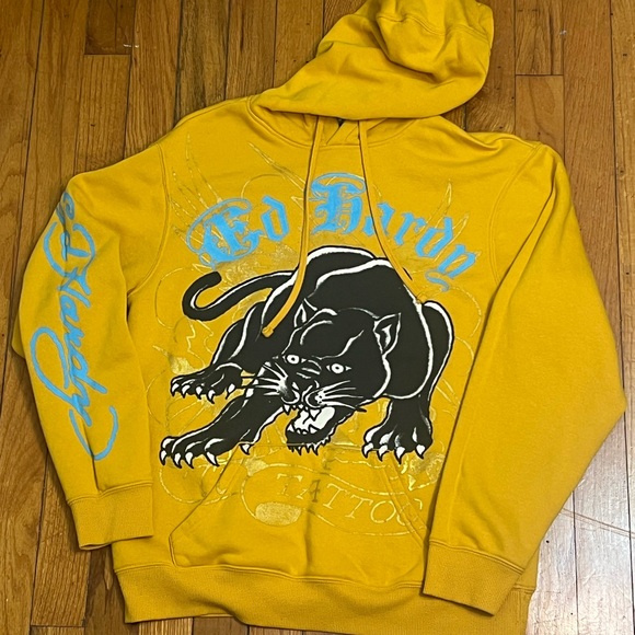 ED HARDY TATTOO CROUCHING PANTHER GRAPHIC GOLD YELLOW HOODIE SWEATER Size M - Picture 1 of 5